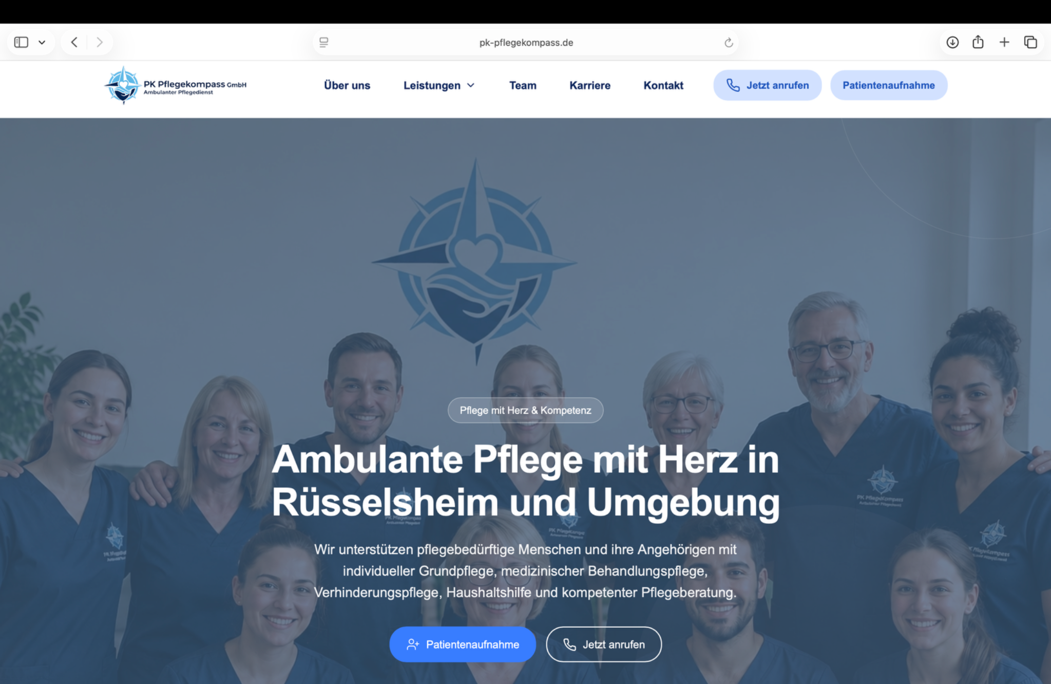 Desktop-Ansicht der Website von PK Pflegekompass