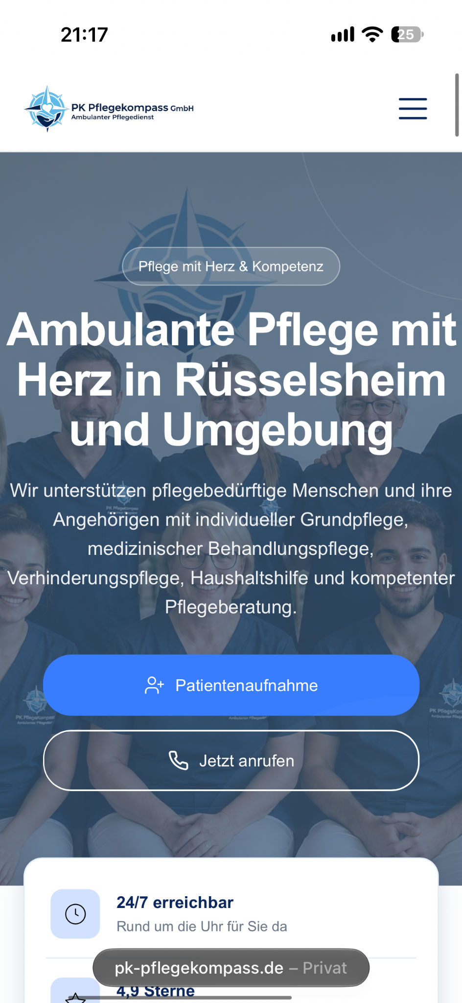 Mobile Ansicht der Website von PK Pflegekompass