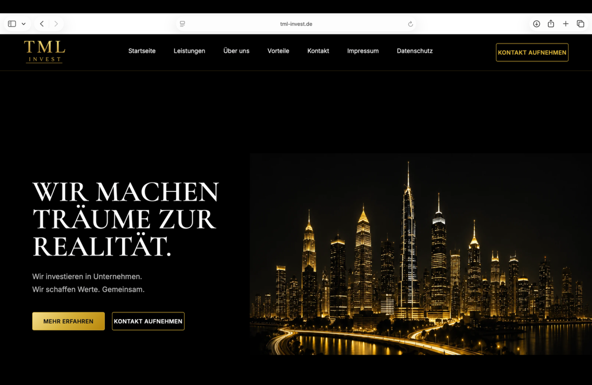 Desktop-Ansicht der Website von TML Invest